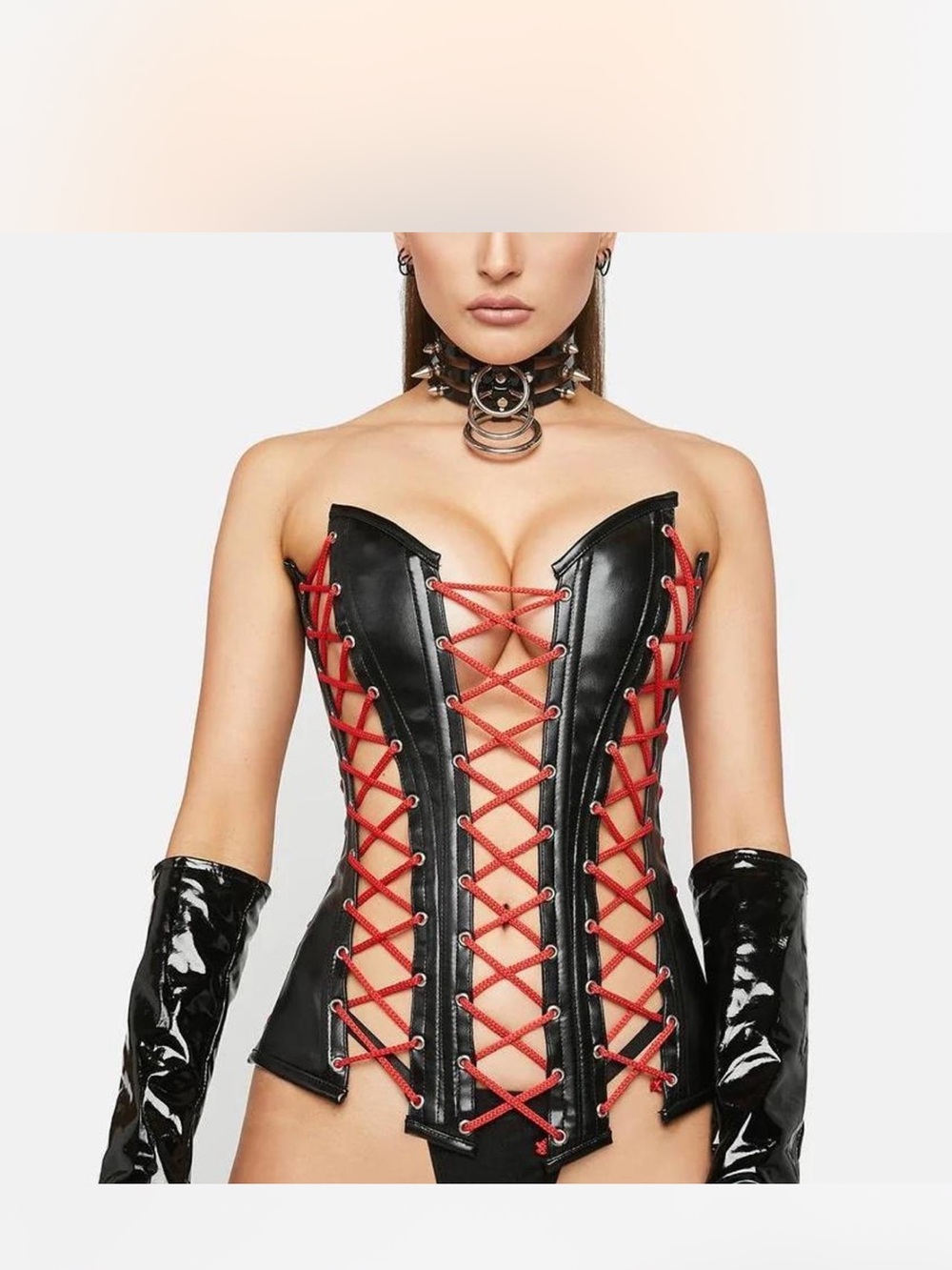 Black Faux Leather Lace-Up Corset Top with Red Lacing - Top Drawer by Daisy
